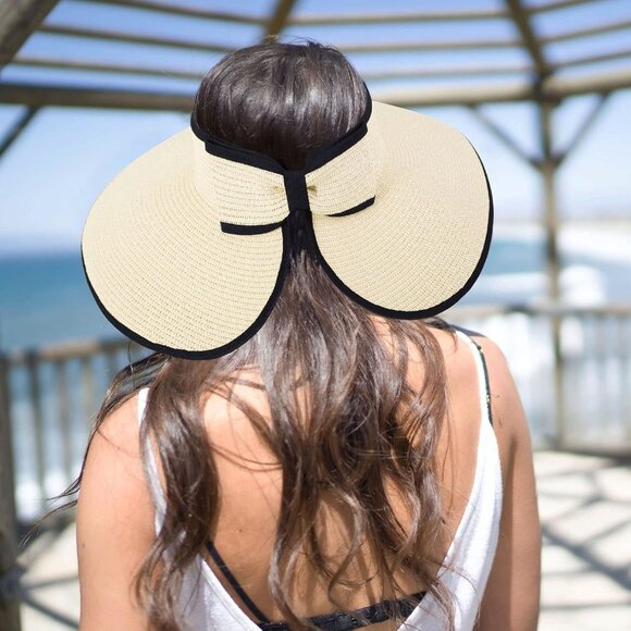 Women's Wide Brim Straw Sun Hat Packable Travel Beach UV Protection - Picture 3 of 5